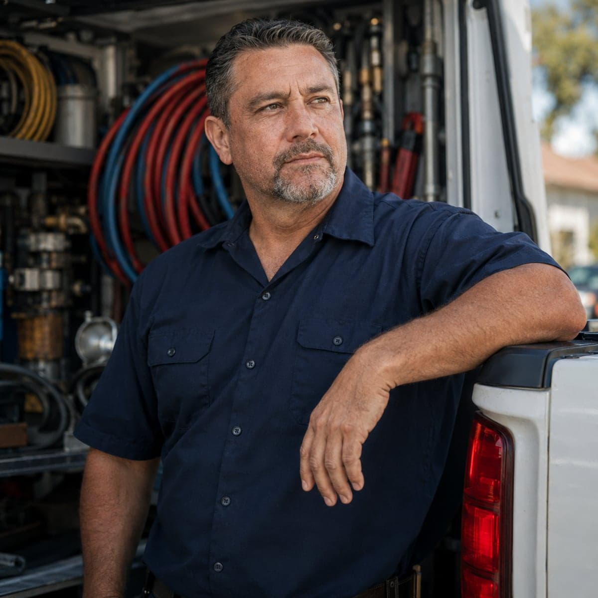 Independent home-services tradesperson leaning on his work truck